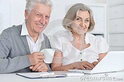 Close up portrait of happy senior bookkeepers working with laptop Stock Photo