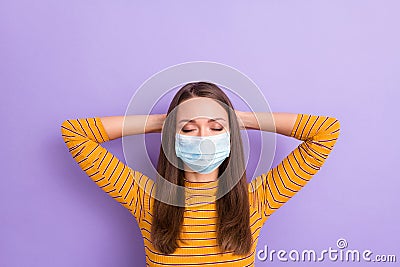 Close-up portrait of her she attractive calm lovely pretty girl rest relax after work day wear gauze mask sars Stock Photo