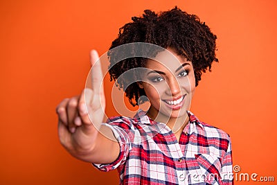 Close-up portrait of her she nice attractive cheerful cheery content wavy-haired lady wearing checked shirt giving 1 Stock Photo