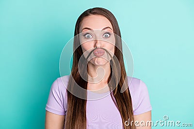 Close-up portrait of her she nice attractive comic cheery crazy long-haired girl having fun pout lips curl like mustache Stock Photo