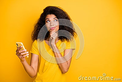 Close-up portrait of her she nice attractive lovely creative cheerful cheery wavy-haired girl using cell creating smm Stock Photo