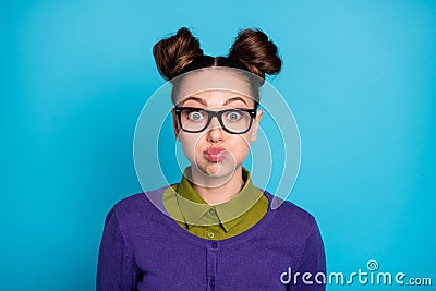 Close-up portrait of her she nice attractive pretty comic childish funky cheery girl holding air in cheeks humour Stock Photo