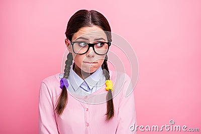 Close-up portrait of her she nice attractive pretty lovely worried shy smart clever girl geek wearing specs looking Stock Photo
