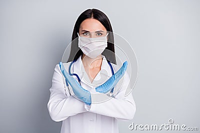 Close-up portrait of her she nice attractive qualified content strict girl specialist doc crossed hands stop ban spread Stock Photo