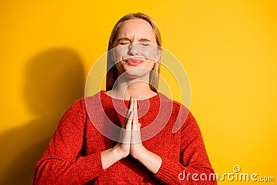 Close-up portrait of her she nice cute attractive winsome lovely worried girl wishing desirable future folded palms Stock Photo