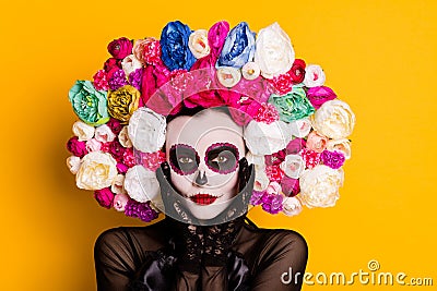 Close-up portrait of her she nice glamorous beautiful lady Santa Muerte touching white face makeover body art voodoo Stock Photo