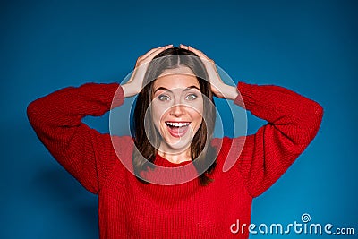 Close-up portrait of her she nice-looking attractive cheerful cheery amazed glad girl getting great incredible news good Stock Photo