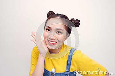 Close-up portrait of her she nice-looking attractive girlish feminine cheerful cheery funny teen girl looking aside isolated over Stock Photo