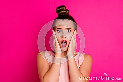 Close-up portrait of her she nice-looking charming attractive lovely depressed scared girl opened mouth horror isolated Stock Photo