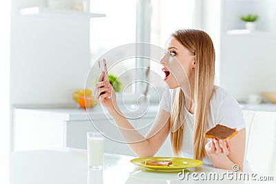 Close-up portrait of her she nice-looking cute charming lovely attractive stunned straight-haired girl wearing white Stock Photo