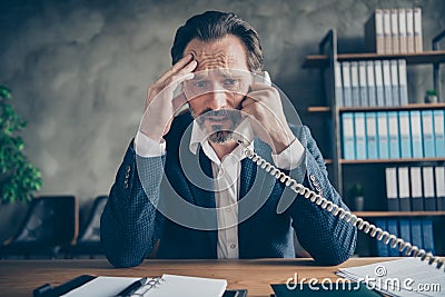 Close-up portrait of his he depressed miserable jobless middle-aged guy employee talking on phone failure crisis staff Stock Photo