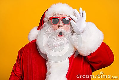 Close-up portrait of his he nice attractive amazed Santa father newyear celebration party pout lips touching specs Stock Photo