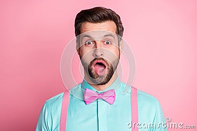 Close-up portrait of his he nice attractive stunned bearded guy artist gentleman mc sale discount news reaction opened Stock Photo