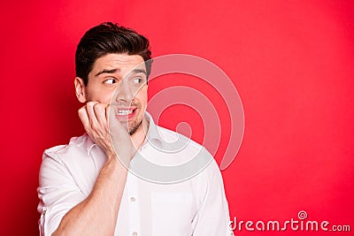 Close-up portrait of his he nice attractive terrified gloomy grumpy sullen guy student exam fail failure expecting Stock Photo