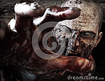 Close-up portrait of a horrible scary zombie attacking, reaching for its unsuspecting victim . Horror. Halloween. Stock Photo