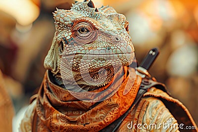 Close Up Portrait of an Iguana Dressed in a Stylized Costume, Exotic Reptile with Fashionable Outfit Conceptual Photography Stock Photo