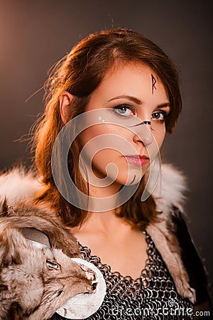 Close up portrait of medieval woman warrior of the barbarian era Stock Photo