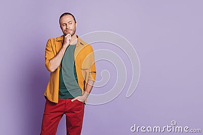 Close up portrait of minded guy with beard look up empty space Stock Photo