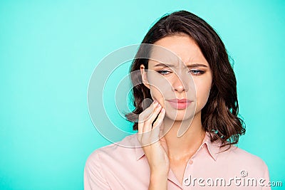 Close-up portrait of nice attractive sad unhealthy lady touching Stock Photo