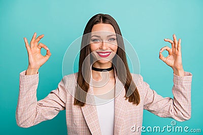 Close-up portrait of nice attractive winsome lovely cheerful cheery straight-haired girl showing two double ok-sign Stock Photo