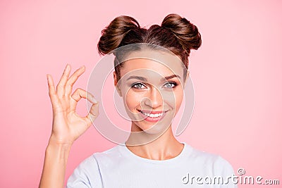 Close-up portrait of nice cute adorable attractive winsome lovely sweet cheerful cheery positive content girl showing ok Stock Photo