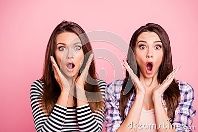 Close-up portrait of nice-looking attractive cute charming winsome cool cheerful stunned straight-haired girls opened Stock Photo