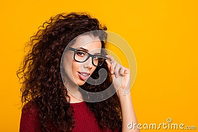 Close-up portrait of nice-looking cute attractive lovely winsome sweet tender gentle wavy-haired lady tutor teacher Stock Photo