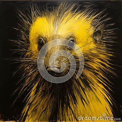 Spray Painted Realism: Electric Yellow Porcupine Artwork Stock Photo