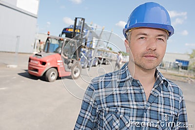 Close up portrait senior forklift driver Stock Photo