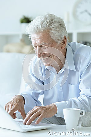 Portrait of senior man using laptop at home Stock Photo
