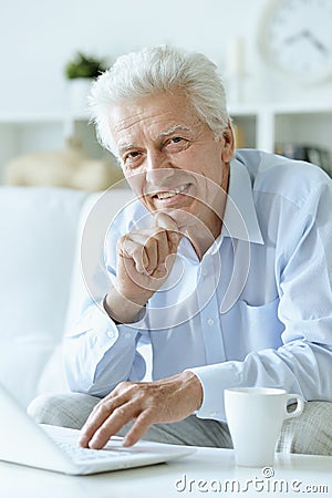 Portrait of senior man using laptop at home Stock Photo