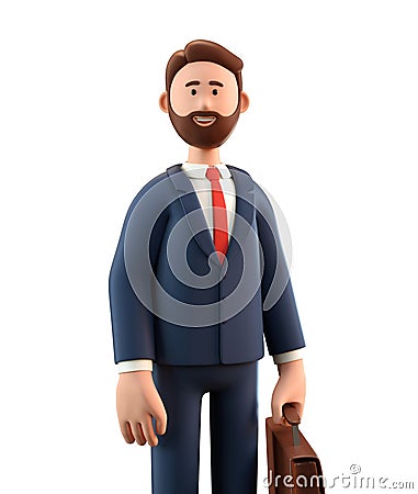 Close up portrait of smiling happy businessman in suit with suitcase. 3D illustration of cartoon standing bearded man Cartoon Illustration