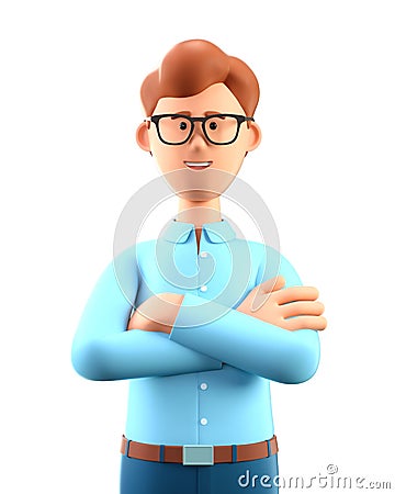 Close up portrait of smiling man with arms crossed. 3D illustration of cute cartoon businessman, isolated on white background Cartoon Illustration