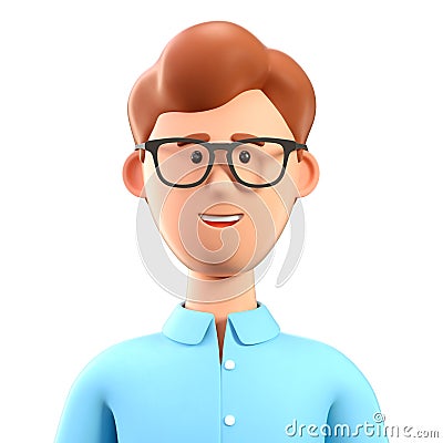 Close up portrait of smiling man with eyeglasses in blue shirt. 3D illustration of cartoon businessman character isolated on white Cartoon Illustration