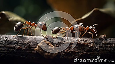A close-up portrait of three ants working together. Generative AI Stock Photo