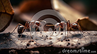 A close-up portrait of three ants working together. Generative AI Stock Photo