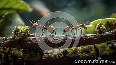 A close-up portrait of three ants working together. Generative AI Stock Photo