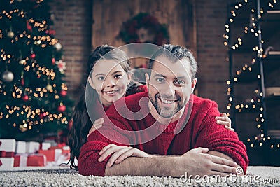 Close-up portrait of two nice attractive lovely charming cute idyllic cheerful cheery peaceful family daddy dad lying on Stock Photo