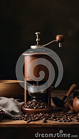 Antique hand coffee grinder with ground coffee beans and gunny bag in a charming rustic home background. AI generated. Stock Photo