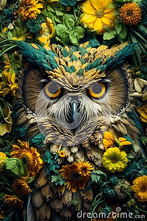 Portrait of an wise owl with beutiful flowers background.AI generated Stock Photo