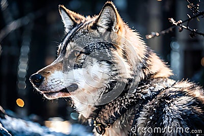 Close-up portrait of a wolf in the city at night Stock Photo