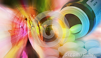 Close up portrait of woman covering her face with hands and pills pouring out from a pill bottle. Drug addiction, medicine a Stock Photo