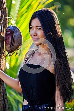 Close-up portrait of young beautiful Asian girl. Look away Stock Photo