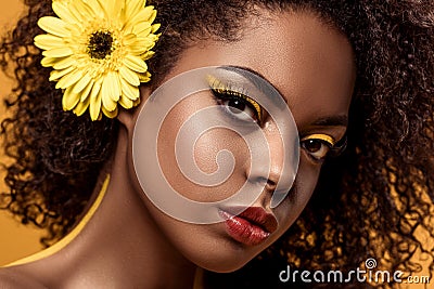 Close-up portrait of young sensual african american woman with artistic make-up and gerbera in hair Stock Photo