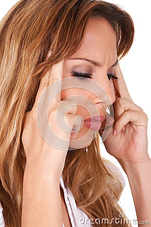 Close up portrait of young woman having hard headache Stock Photo