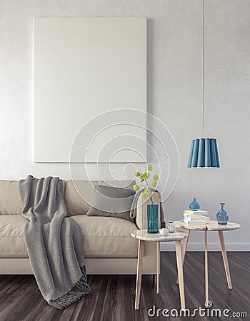 Close up poster in hipster living room background 3d render Cartoon Illustration