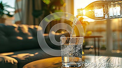 close up of pouring purified fresh drink water from bottle on table in living room, refreshing hydration concept Stock Photo