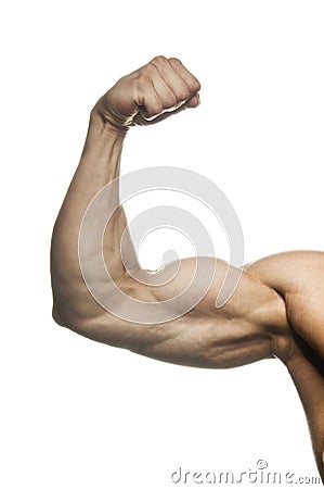 Close-up of a power fitness man`s hand. Muscular bodybuilder flexing and showing his biceps - internal side - on white background Stock Photo