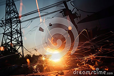 close-up of power line with broken wires and sparks flying Stock Photo