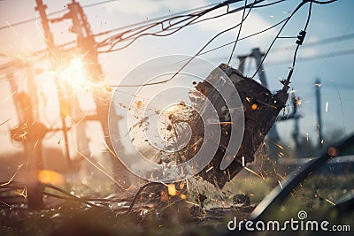close-up of power line with broken wires and sparks flying Stock Photo
